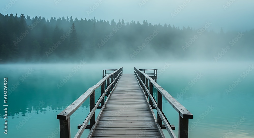 Naklejka premium morning mist on the lake. wooden pier leading into misty lake with pine forest in background, serene morning landscape. 