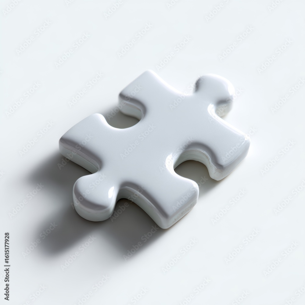 Fototapeta premium A single, white abstract puzzle piece, with a missing part, isolated on a pure white background. Incomplete, challenge.