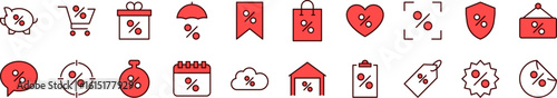 Percent Red Filled Color Icon Set. Minimalistic Linear Pictogram for Web and Graphic Design, Apps, Banners, Social Network and Cards