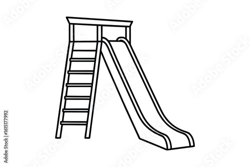 A simple line drawing silhouette of a playground slide with a ladder isolated on white background