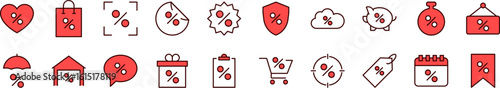 Pack of Filled Color Icons of Percent Red. Minimalistic Linear Pictogram for Web and Graphic Design, Apps, Banners, Social Network and Cards
