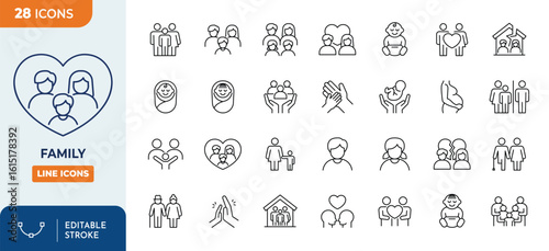 Family line editable icon set. Contain icons related to parenthood, grandparents, children, adoption, and more. Editable stroke. Vector illustration