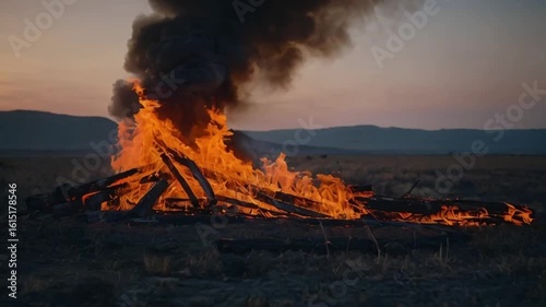 Burning Logs of a Collapsed Shed in the Evening Video