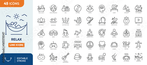 relax line editable icon set. Containing calm, relaxation, meditation, yoga, spa, self-care, massage, peace, nature, serenity and more. 
