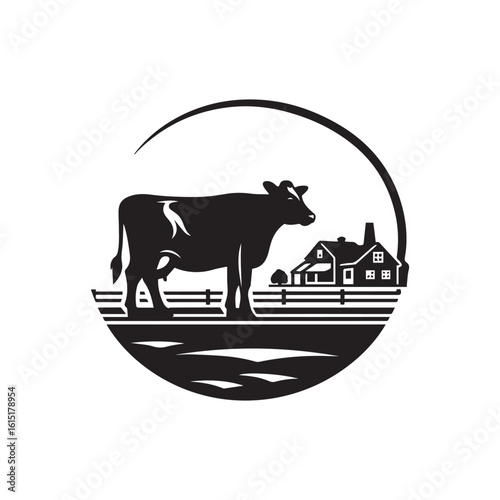 ChatGPT said:
Black and white cow silhouette logo with a farmhouse and fence background, perfect for dairy farm branding, agriculture labels, and rustic design projects.