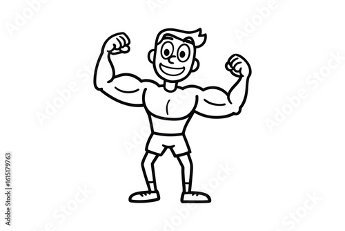 Cartoon illustration of a muscular man flexing his biceps with a happy expression isolated on white background silhouette