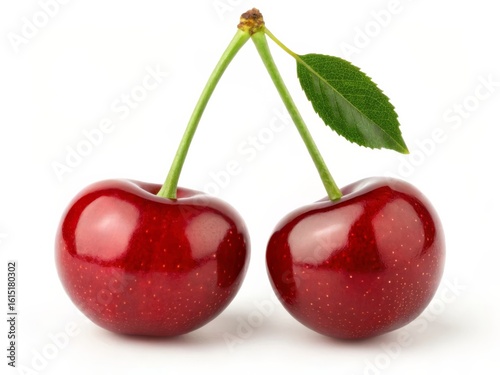 Two Ripe Cherries with Stem and Leaf isolated on White Background