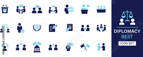 Diplomacy icon set collection. Agreement, handshake, negotiation, peace, alliance, meeting, unity, cooperation, deal, treaty and best solid icon set.