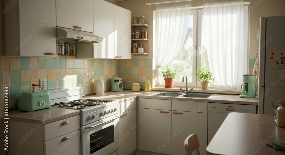 Fototapeta premium Modern kitchen with natural light and pastel decor creates a cozy atmosphere for cooking