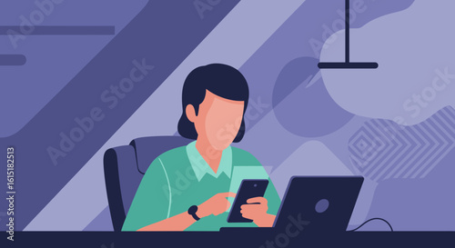 Woman working on laptop and smartphone at night, perfect for website banners or blog posts about remote work.