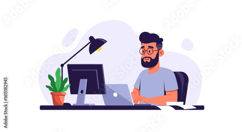Tableau sur toile Man working on laptop at home office, perfect for website banners or blog posts