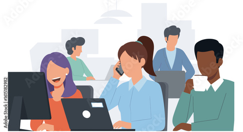 Diverse team of coworkers collaborating in a modern office, perfect for website banners or company brochures.