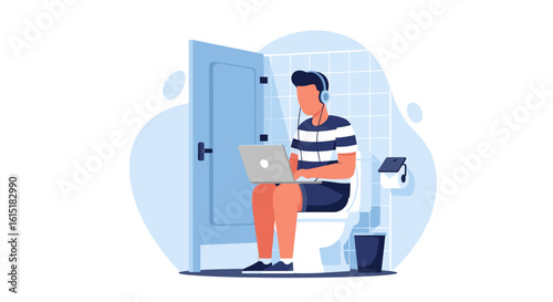 Man working on laptop in restroom - perfect for articles on remote work, work-life balance, or humorous illustrations.