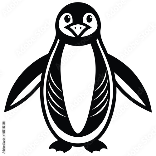 Stylized black and white illustration of a penguin with open wings animal bird