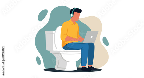 Man working on laptop while sitting on toilet - Illustration for articles about work-life balance or remote work.