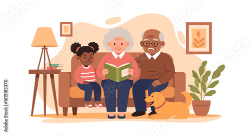 Grandparents reading to their granddaughter with their dog; perfect for family, love, and togetherness themes.