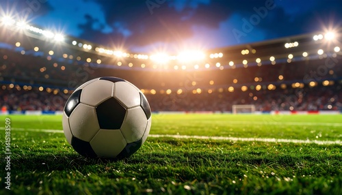 Soccer ball resting on stadium grass, ready for the game.

