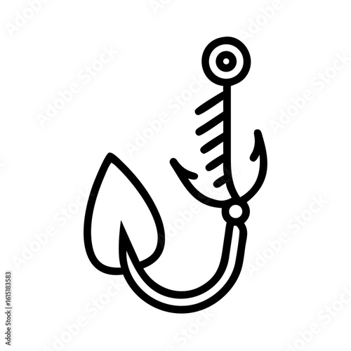 Fishing hook illustration shows classic metal hook with sharp barb and eyelet, fishing hook design for angling equipment. This fishing hook is perfect for fishermen and hobby anglers.