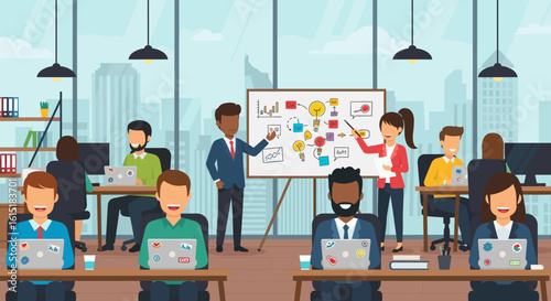 Diverse team brainstorming in modern office, perfect for website or presentation.