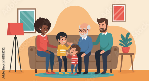 Happy multigenerational family sitting on a couch together, perfect for family, togetherness, and generational themes.