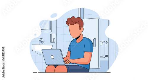 Illustration of a person working on a laptop in a bathroom, perfect for articles about remote work or unusual workspaces.