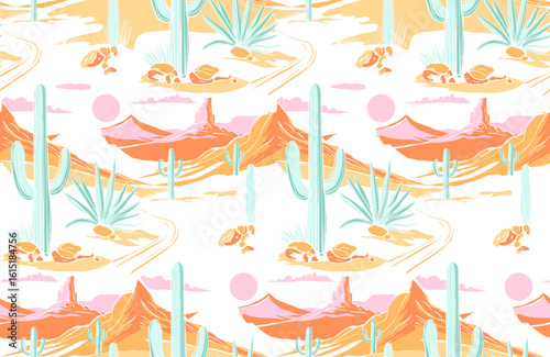 vintage retro desert pattern, Desert vector seamless Pattern, desert life, allover print use for tee, sweatshirt, shirt, mountain, cactus print art. sunset and cactus background,