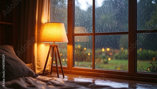A glowing lamp casts a warm light in a cozy room, creating a serene sanctuary while watching the rain fall outside the window.