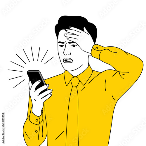 Man shocked by phone notification hand on forehead