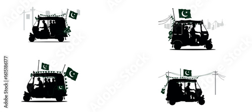 Pakistani Rickshaw Independence Day Silhouette with Flags and Urban Background
