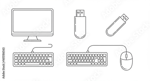 Line drawing of computer monitor keyboard mouse and usb drives in a simple black and white style vreated with genrated ai