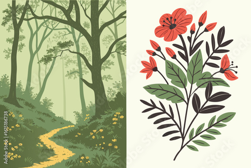 Enchanting forest path lined with wildflowers next to a botanical floral illustration