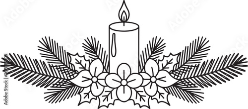 Christmas Candle Centerpiece with Pine Branches and Flowers, Hand-Drawn Vector Outline