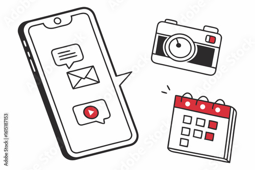 Digital communication and content creation icons including smartphone camera and calendar