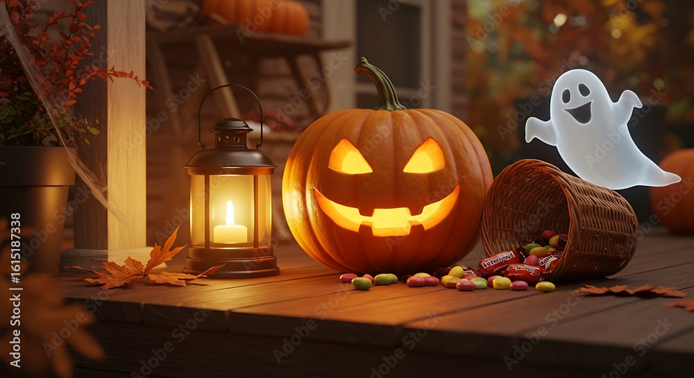 Obraz premium Jack o lantern and ghost decoration on a porch for halloween