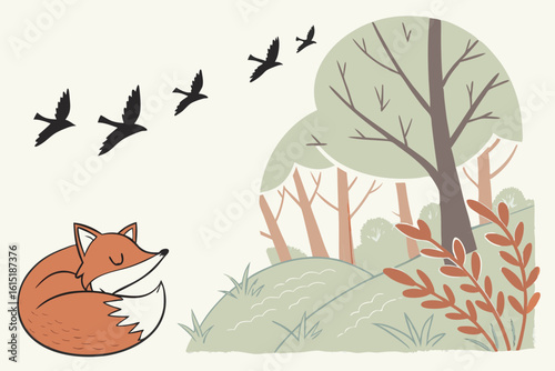 Sleeping fox in a forest with birds flying overhead