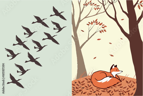 A fox rests in fallen leaves as geese fly overhead in autumn