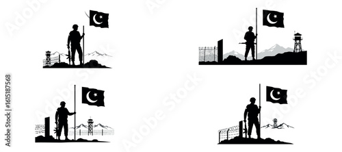 Pakistani Soldier Holding Flag at Border Post Silhouette Vector