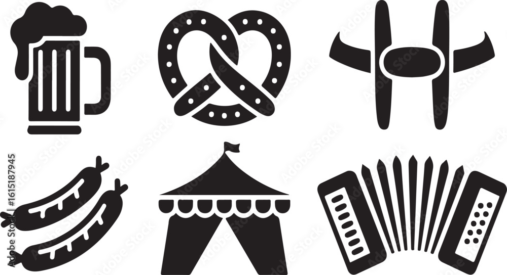custom made wallpaper toronto digitalPrintOktoberfest Silhouette Icon Set with Beer Mug, Pretzel, Lederhosen, Sausages, Tent, and Accordion