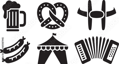 Wallpaper Mural PrintOktoberfest Silhouette Icon Set with Beer Mug, Pretzel, Lederhosen, Sausages, Tent, and Accordion Torontodigital.ca