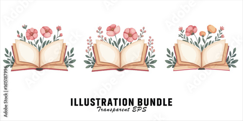 Art of open books with flowers isolated on white background