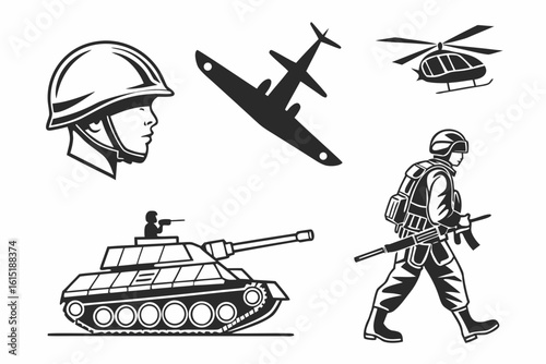 Military Icons Soldier Tank Helicopter and Airplane.