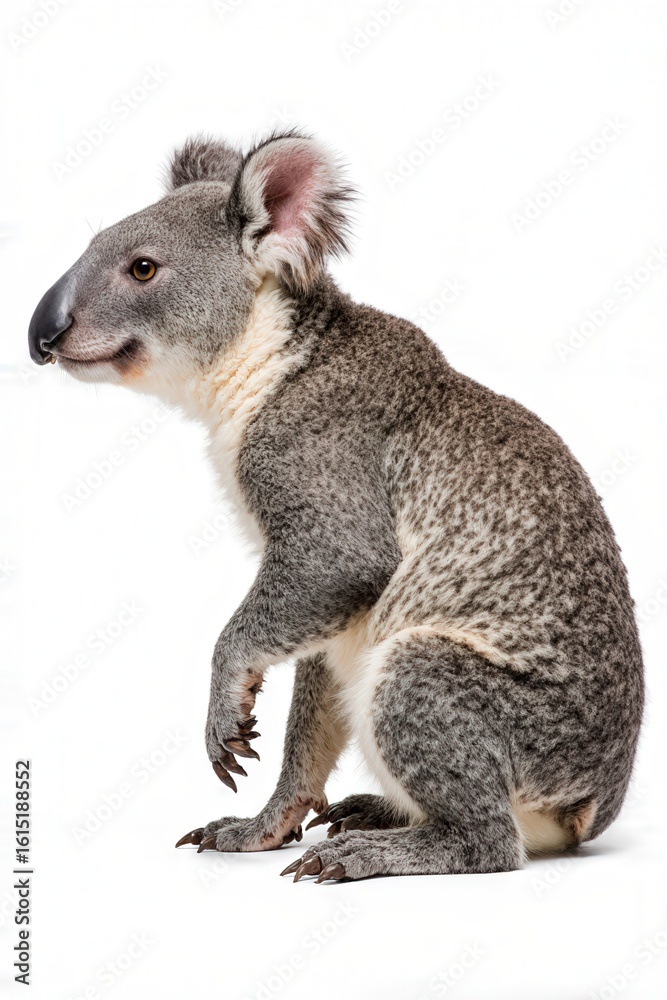Obraz premium Koala Posing: A solitary koala poses against a simple background, showcasing its soft gray fur, distinctive features, and captivating gaze.