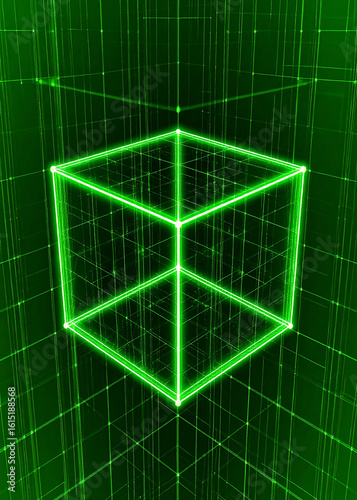 A glowing green cube floats within a grid-like structure, showcasing geometric design.