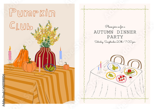Set of fall aesthetic posters featuring cozy wooden chair in rustic style. Perfect for cottagecore, autumn interior, Thanksgiving and cozy kitchen wall art.