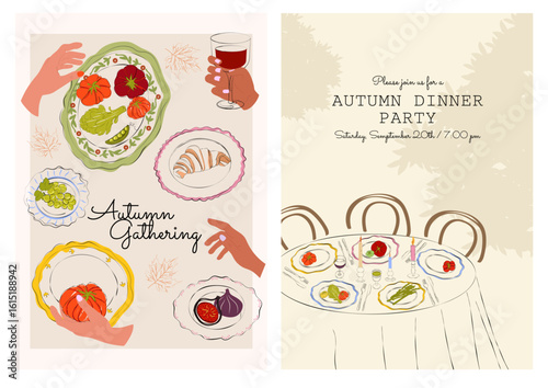 Set of fall aesthetic posters featuring cozy autumn dinner table with seasonal vegetables and wine. Hand-drawn illustrations of festive food, figs, croissant, pumpkin and invitation to rustic dinner 