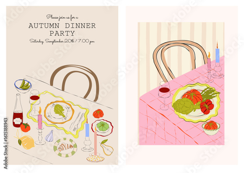 Set of fall aesthetic posters with cozy autumn table setting, vintage chairs and checkered red tablecloth. Perfect for cottagecore, kitchen decor, Thanksgiving and seasonal interior design.