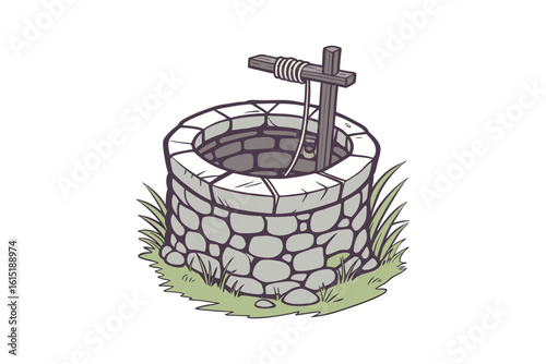 Rustic stone water well with wooden crank and rope for drawing water isolated on white background silhouette