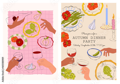 Set of fall aesthetic posters featuring cozy dinner scenes with red wine, vegetables, and table decor. Includes invitation to autumn dinner party with handwritten type and warm rustic style. 