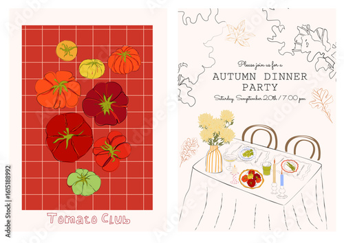 Set of fall aesthetic posters featuring heirloom tomatoes and cozy dinner party invitation. Perfect for seasonal decor, kitchen prints, or cottagecore interiors.
