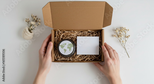 Kraft box with eco cosmetics and blank card on a simple table with dried flowers
